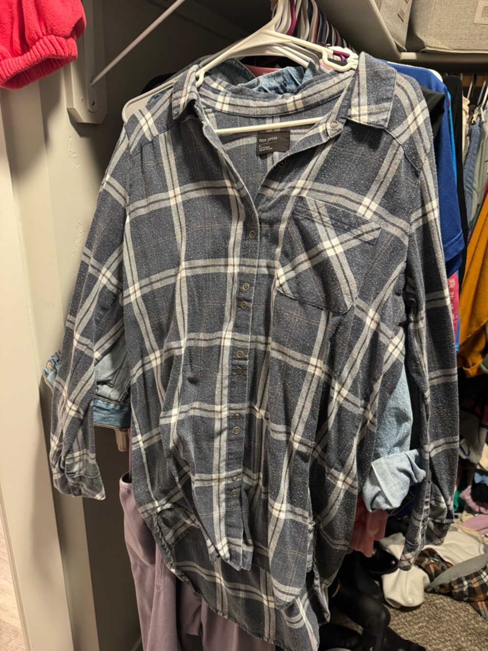 free press Blue and White Plaid Snap-Front Shirt